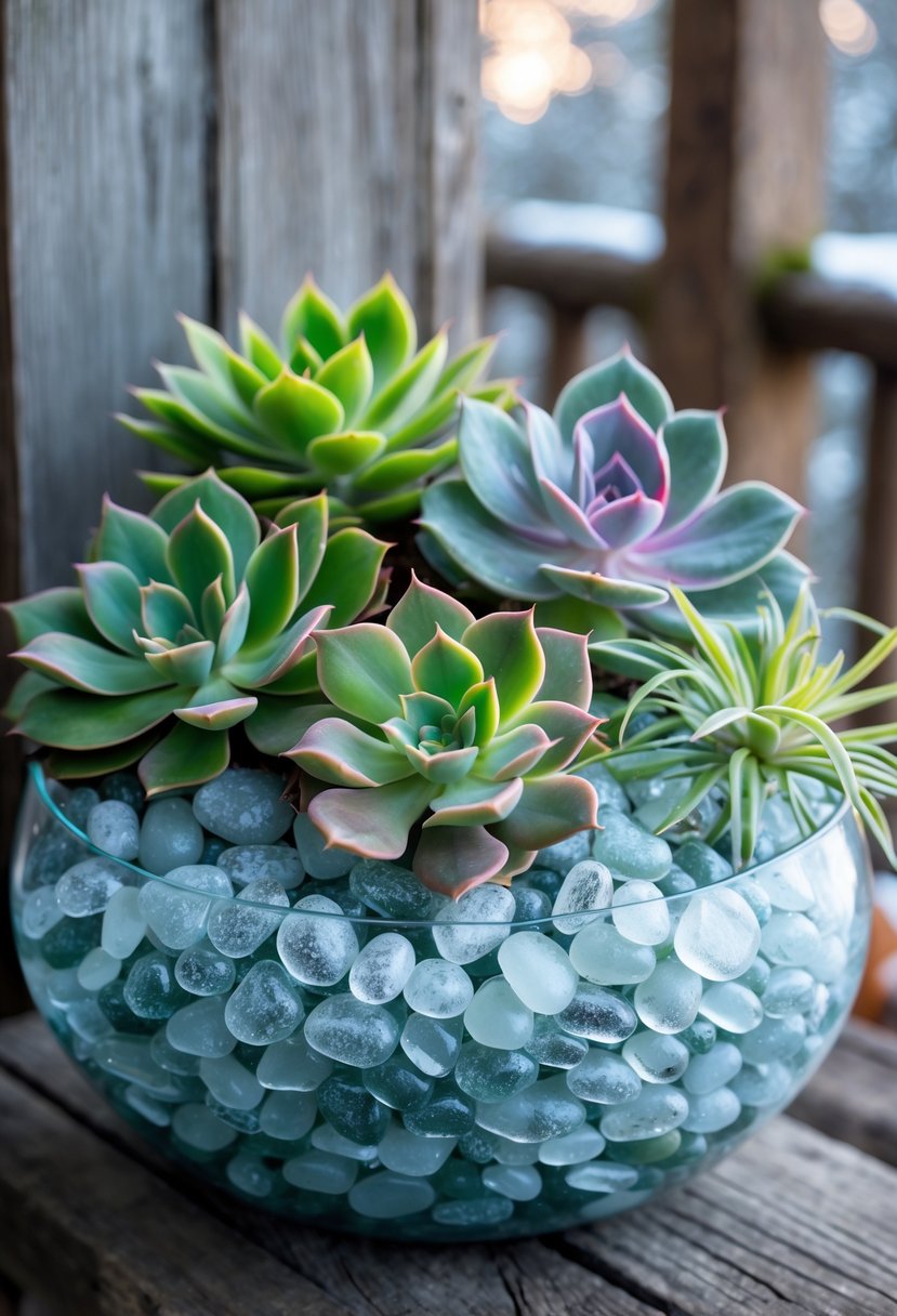 A winter planter with colorful succulents and frosted glass pebbles on a wooden porch.