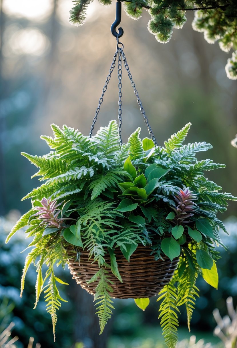 A hanging basket outdoors filled with lush evergreen ferns and winter plants with light frost on the leaves.