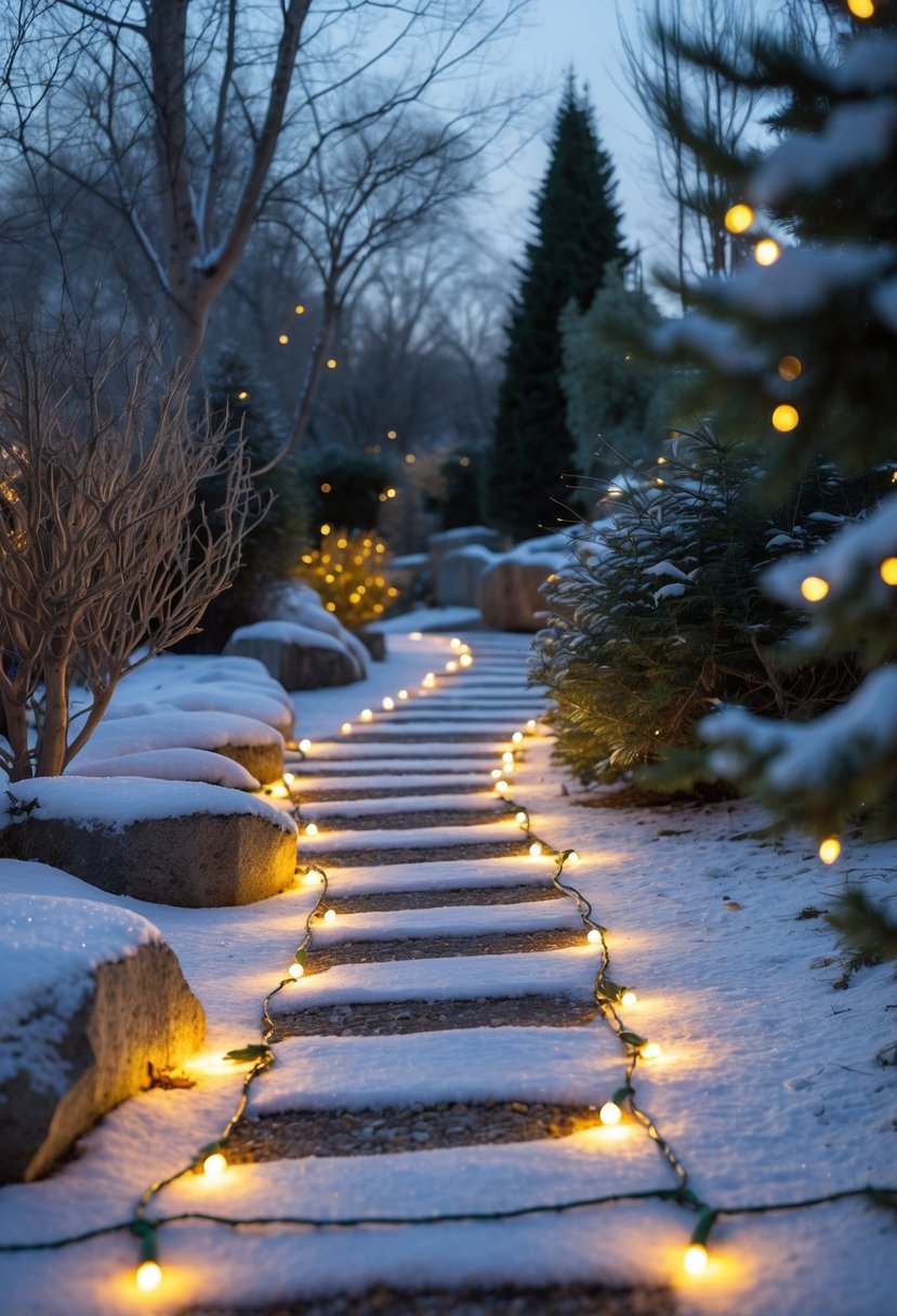 A winter garden pathway lined with warm white string lights glowing softly along the edges, surrounded by snow-covered plants and trees.