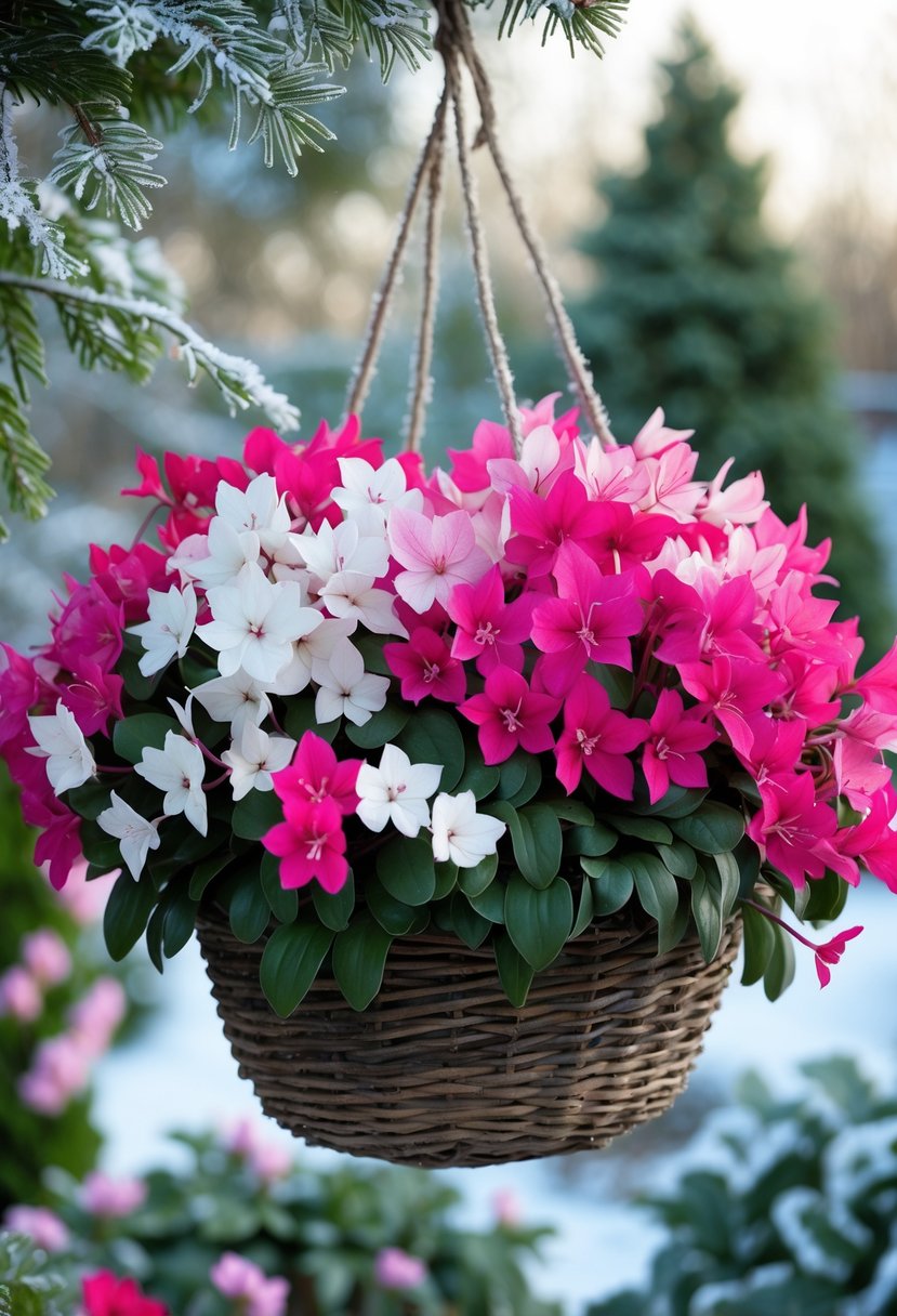 A hanging basket filled with pink and white cyclamen flowers outdoors in a winter garden setting.