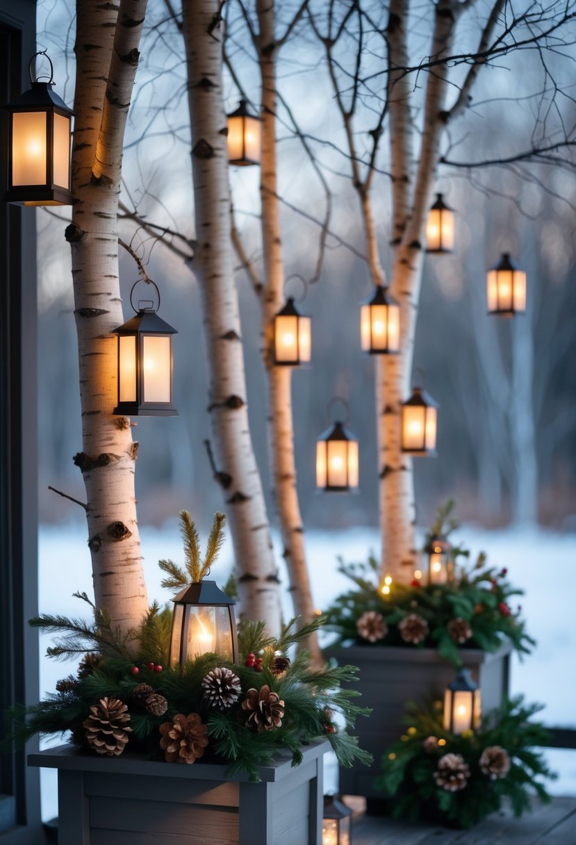 Tall birch branches with hanging lanterns above winter planters on a porch with a snowy background.