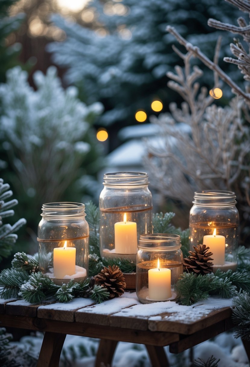 Lit mason jar lanterns on a wooden table surrounded by winter garden plants and pine cones with a snowy background.