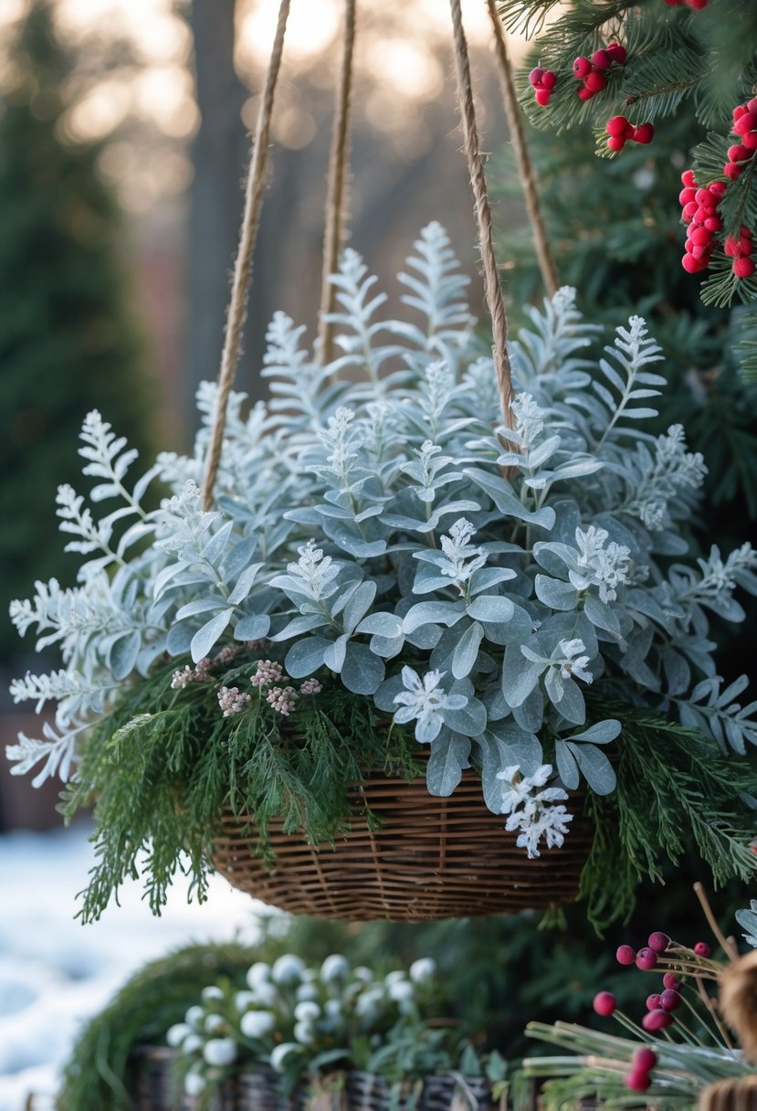A hanging basket outdoors filled with silvery dusty miller plants and colorful winter greenery.