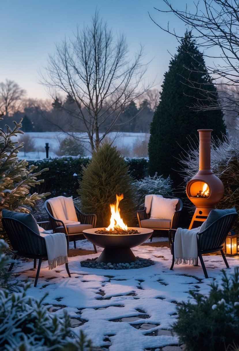 Outdoor winter garden with a fire pit and chiminea surrounded by chairs and snow-covered plants.
