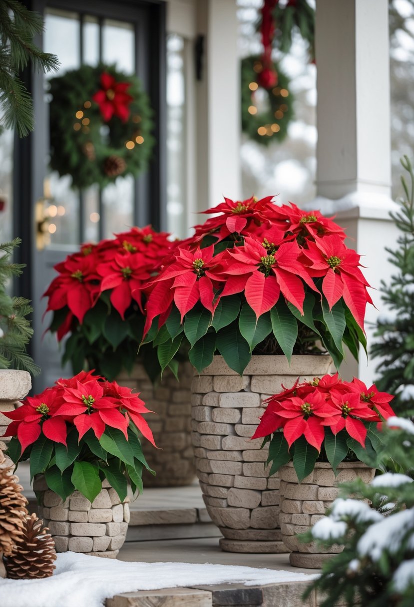 Red poinsettia plants in stone containers arranged on a winter porch with pine branches and pine cones.