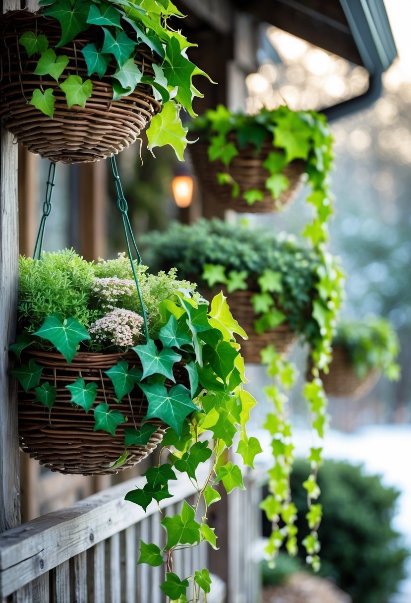 Outdoor hanging baskets filled with trailing green ivy and winter plants on a wooden fence.