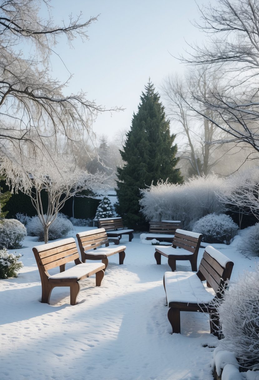 Snow-covered benches in a quiet winter garden surrounded by trees and snow.