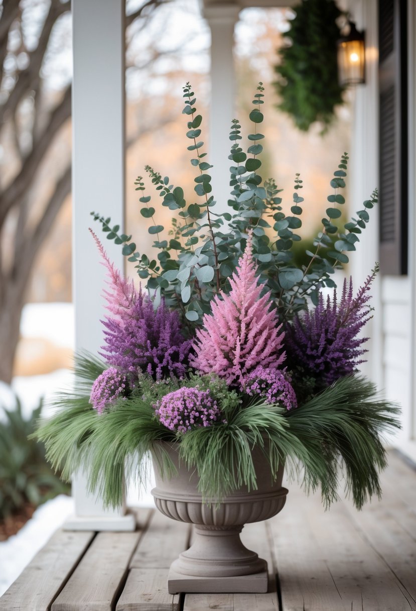 A winter planter on a porch containing purple and pink heathers combined with dried eucalyptus branches.