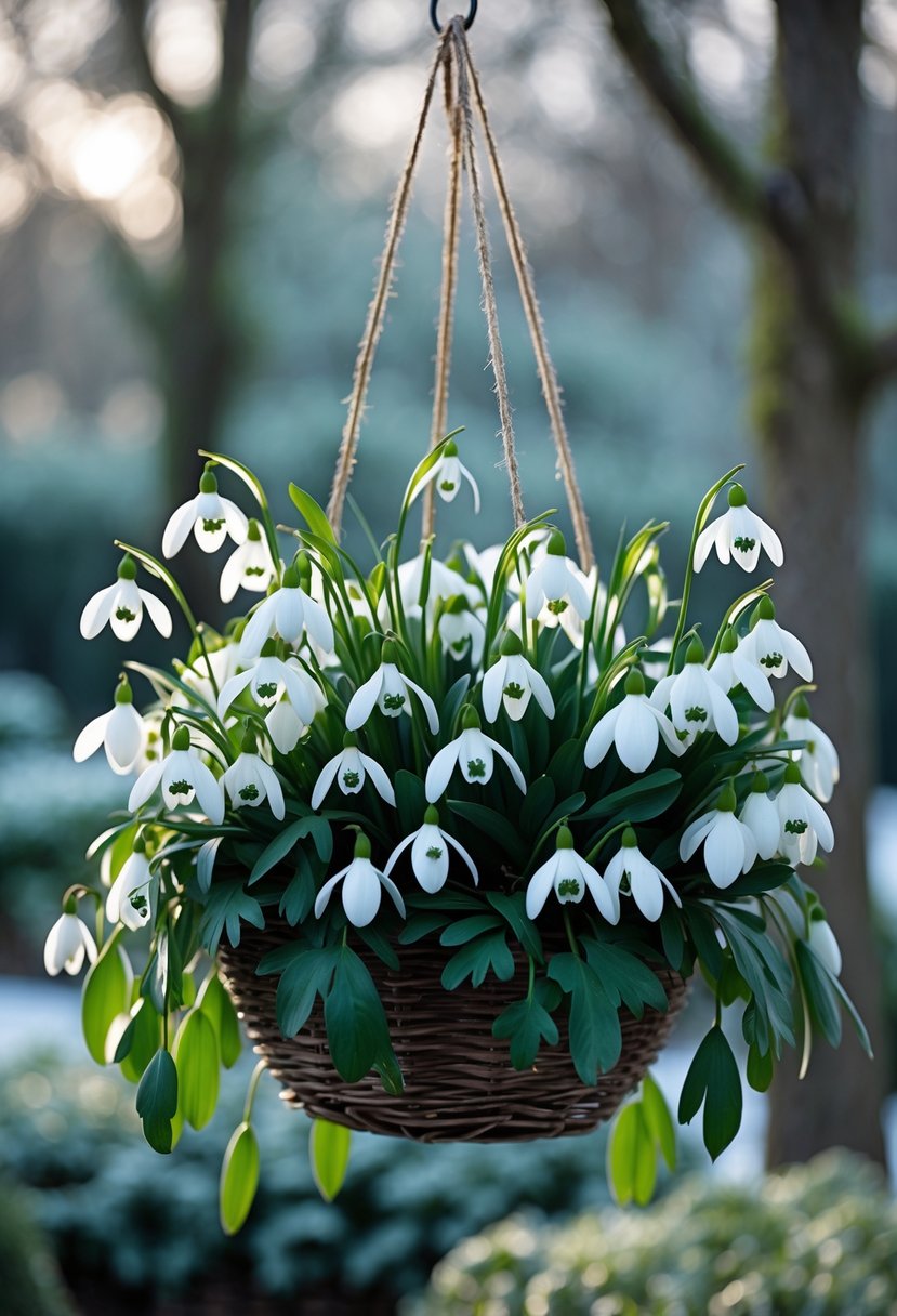 A hanging basket outdoors filled with delicate white snowdrop anemones blooming among green leaves.