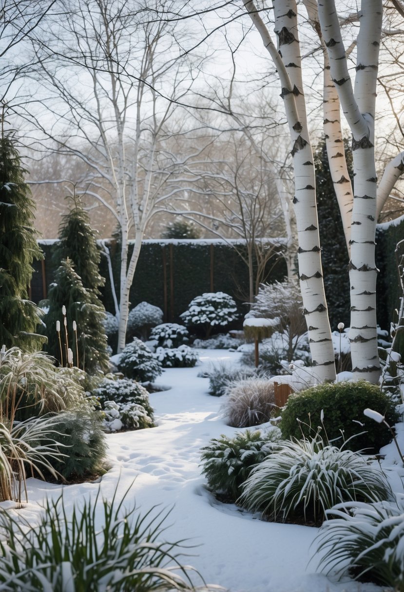 A peaceful winter garden with birch trees, snow-covered plants, and soft natural light.