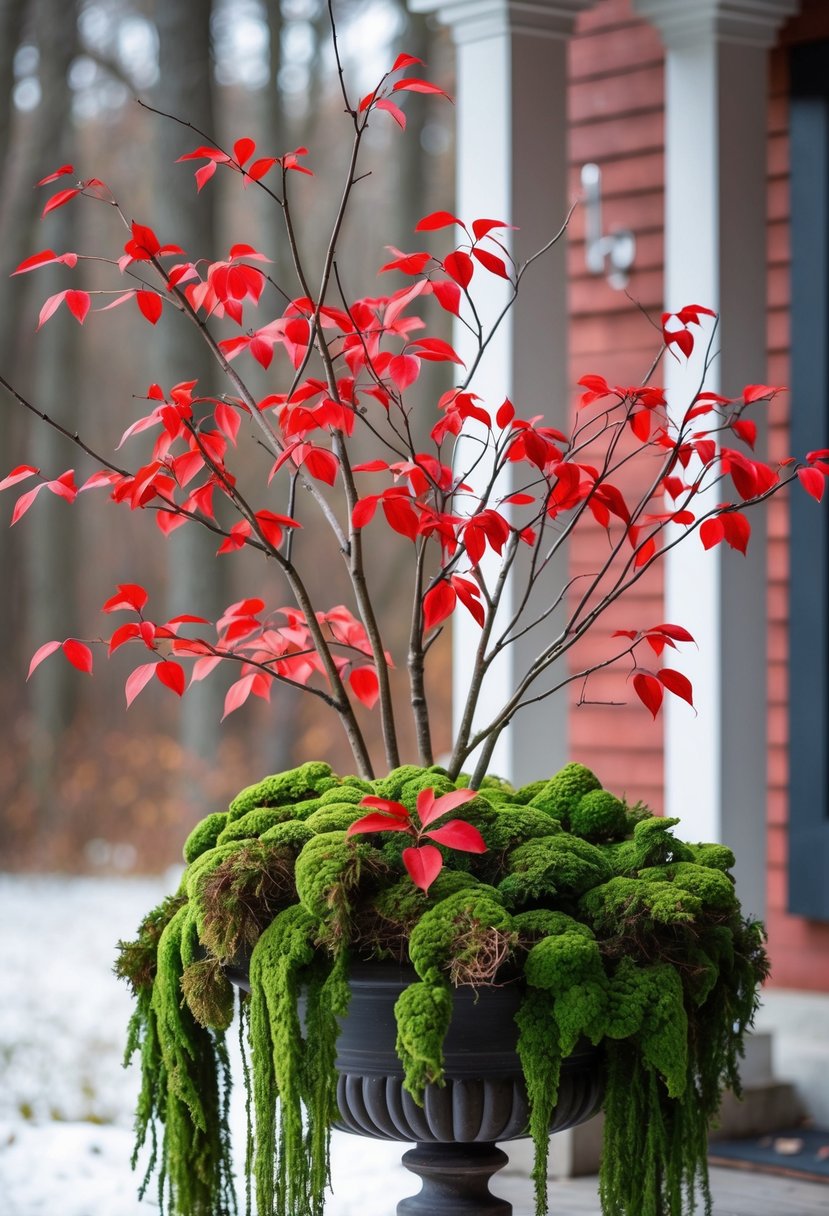 Red twig dogwood branches with green moss arranged in a winter planter on a porch.