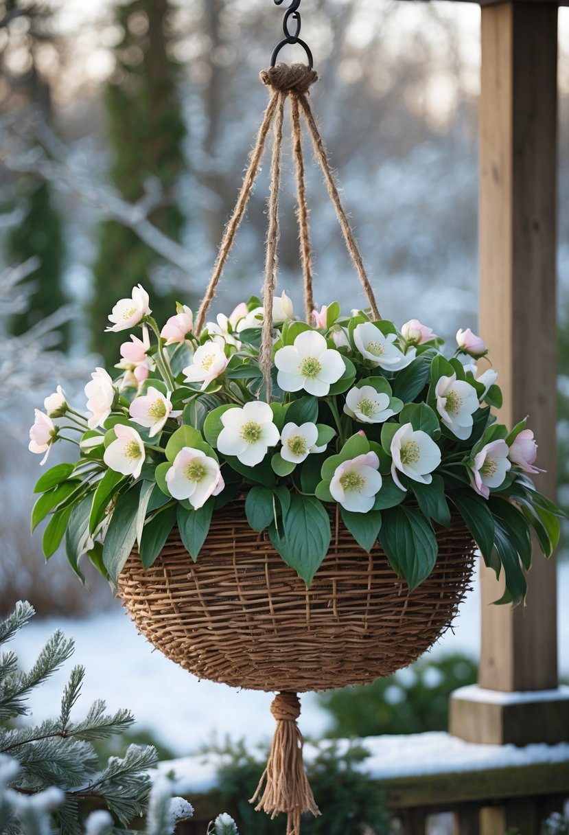A hanging basket outdoors filled with blooming hellebores and winter greenery against a blurred garden background.