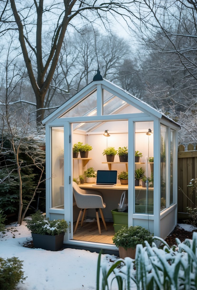 A small glass garden office or greenhouse nook in a snowy garden with a desk, chair, and plants inside.
