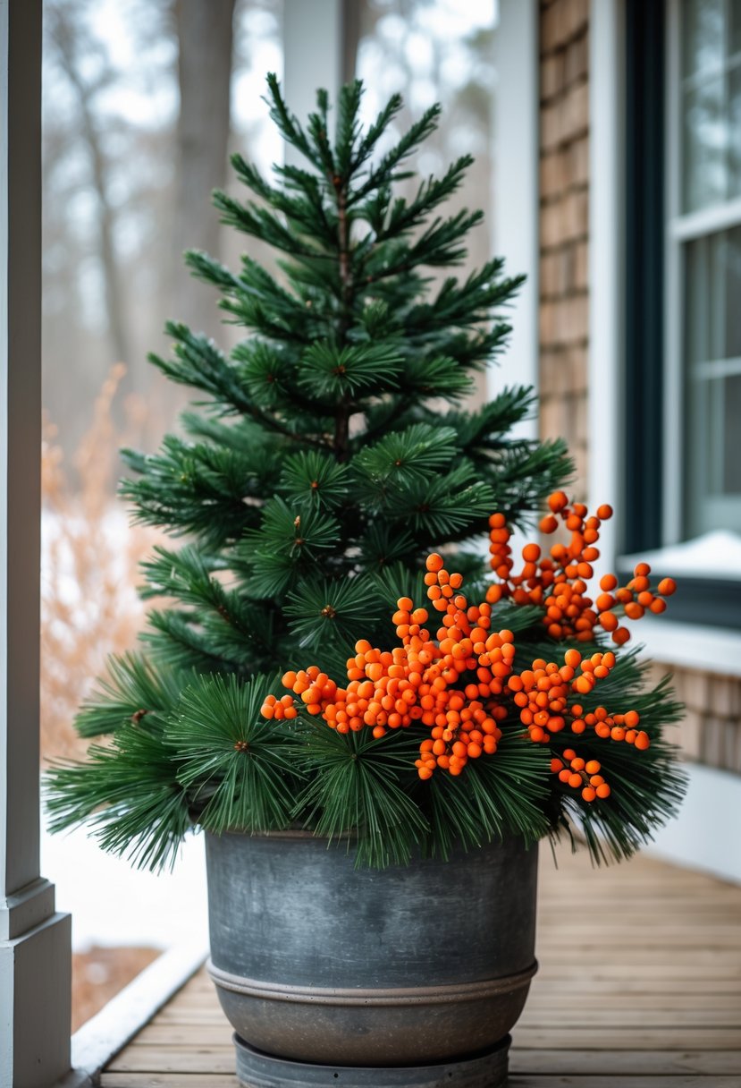 A winter planter on a porch featuring a Mugo pine with bright orange berries.