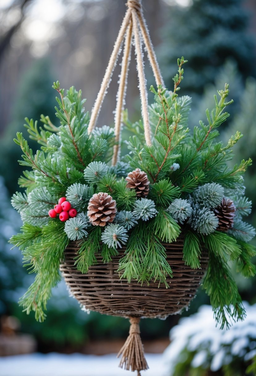 A hanging basket filled with juniper sprigs, pinecones, and red winter berries in an outdoor garden setting.