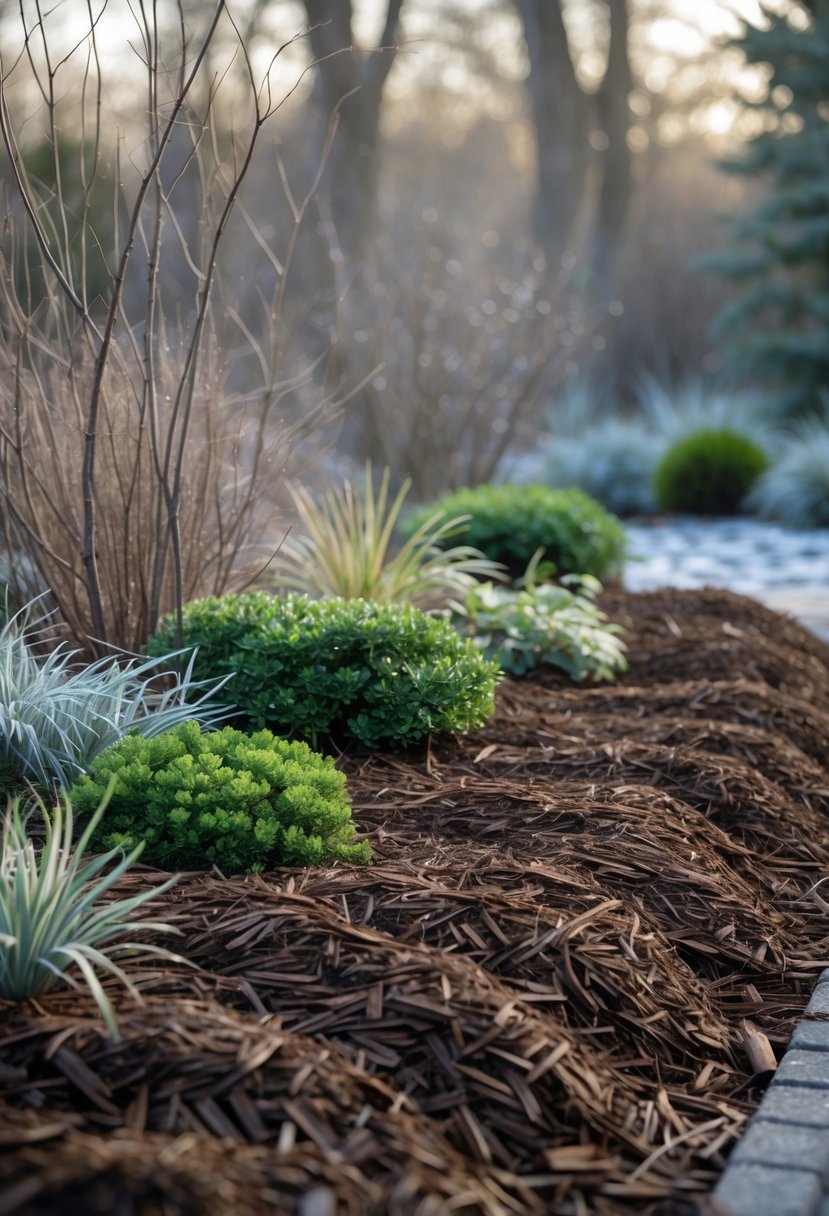 A close-up of mulch layered around the base of plants in a winter garden with frost on the ground and leafless shrubs in the background.