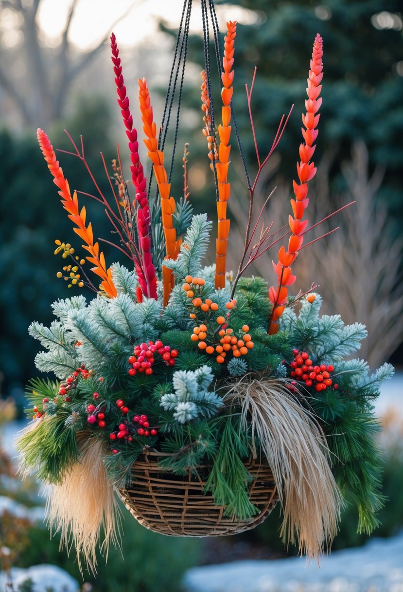 A winter outdoor hanging basket filled with evergreen plants, colorful berries, ornamental grasses, and bright red Cornus twigs for added structure.