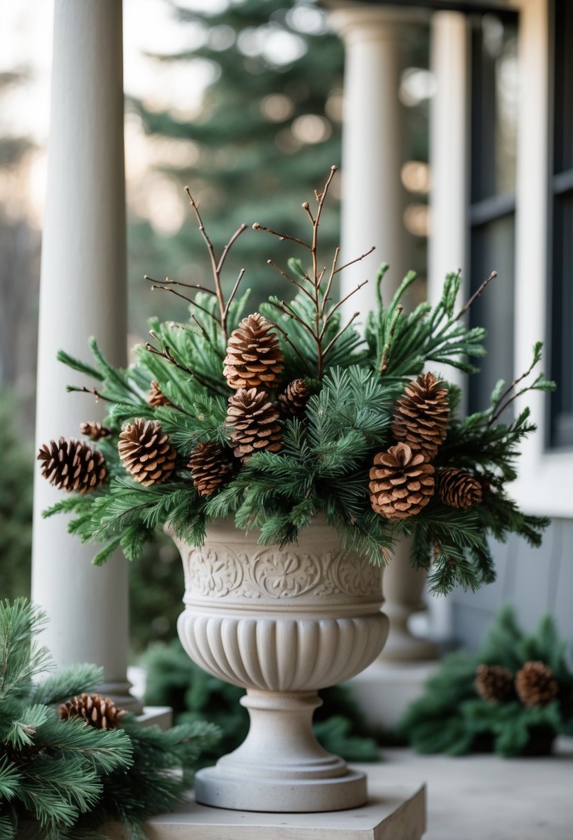 Decorative urn filled with juniper branches and fir cones on a porch.