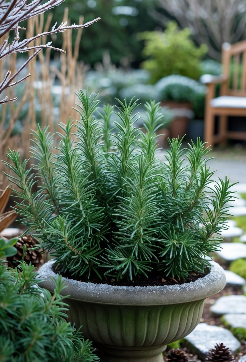Rosemary plants growing in a winter garden with frost on their leaves, surrounded by other winter plants and natural garden elements.