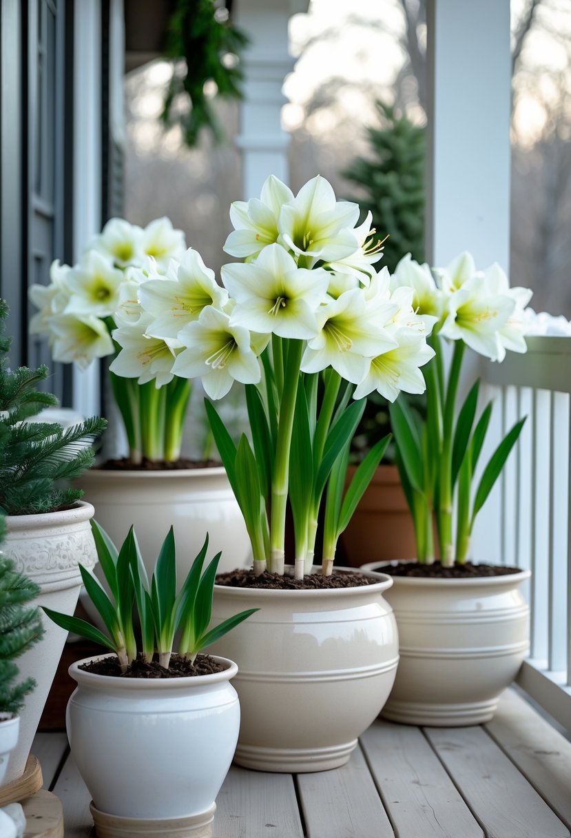 White amaryllis flowers blooming in ceramic pots arranged on a porch with a winter background.