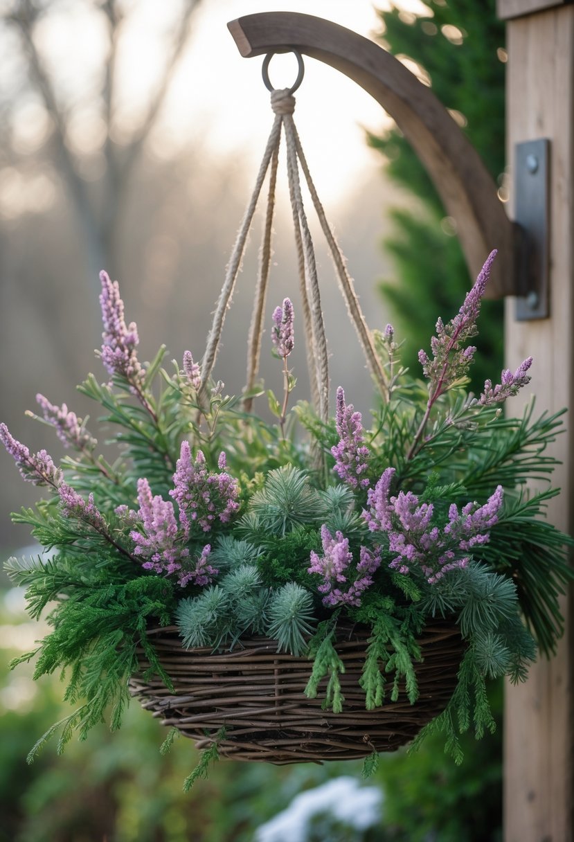 A winter outdoor hanging basket filled with heather sprigs and evergreen plants hanging from a wooden bracket.