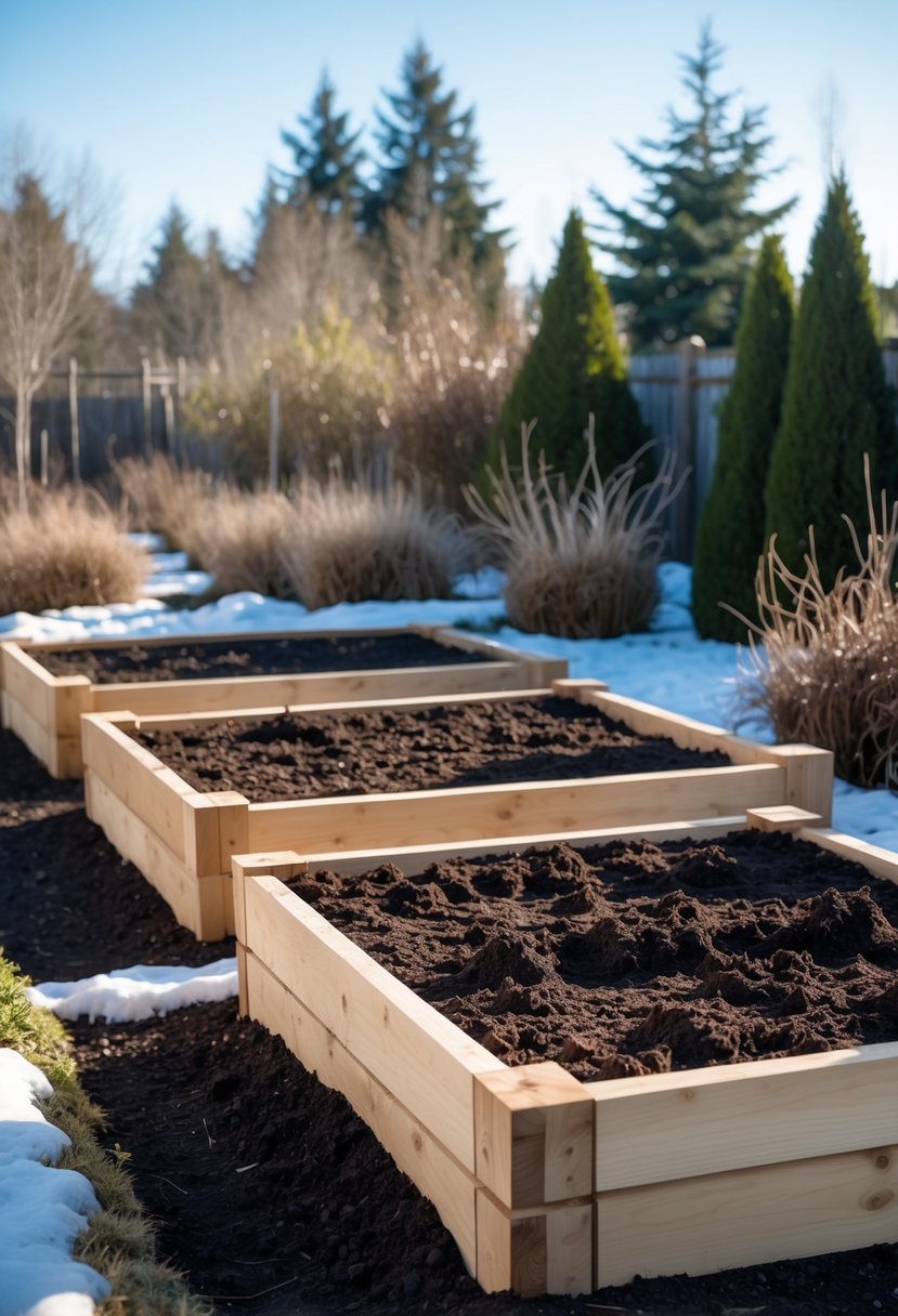 A winter garden with several wooden raised beds filled with soil, surrounded by dormant plants and evergreen shrubs under a clear sky.