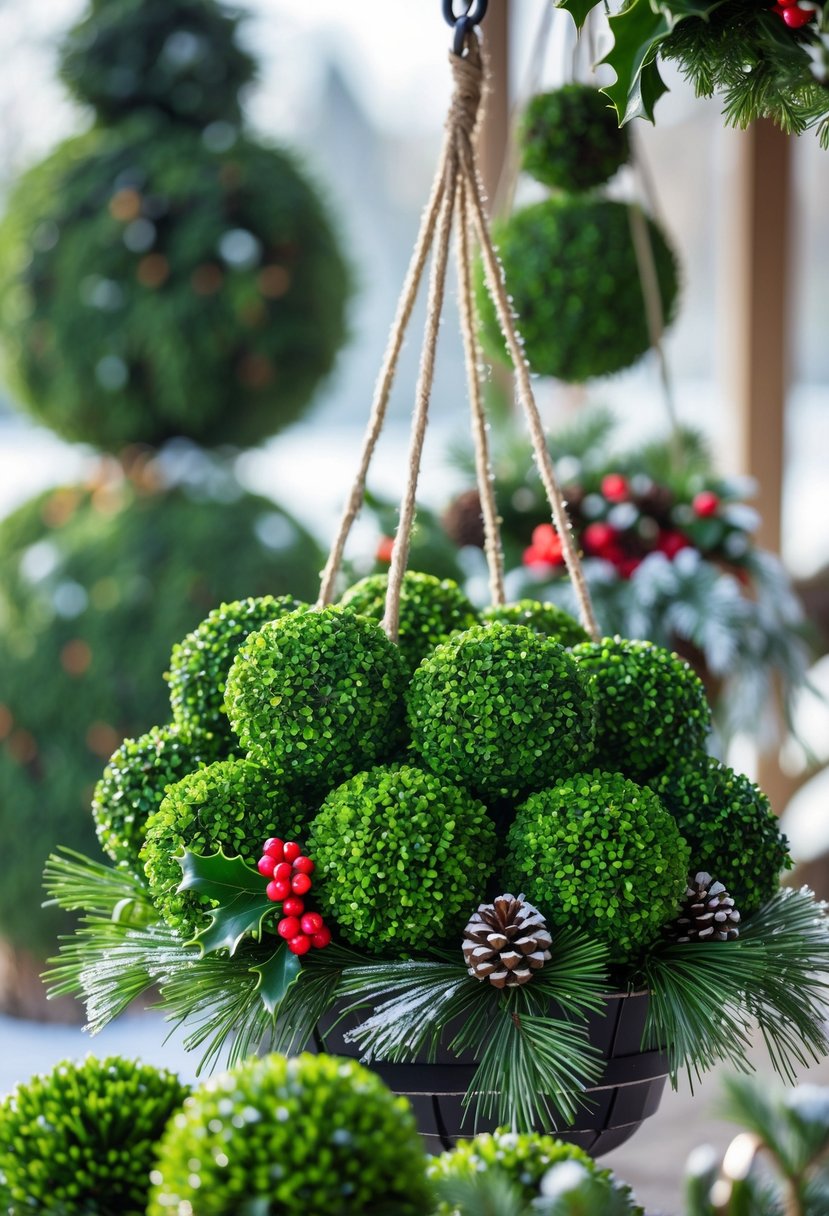 A collection of green boxwood balls shaped into formal evergreens arranged in winter hanging baskets with pine cones and berries outdoors.