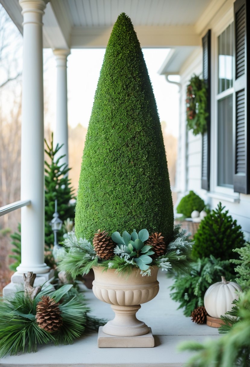 A winter porch with a large cypress topiary ball centerpiece in a planter surrounded by winter plants and greenery.