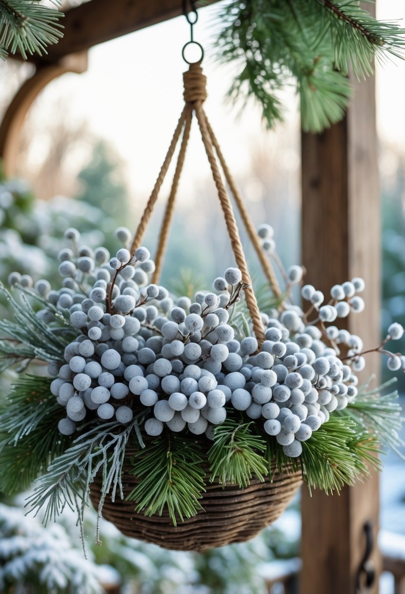 Outdoor hanging basket filled with silver brunia branches displaying gray berries and winter foliage.