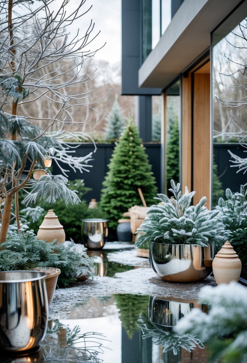 A winter garden with evergreen plants and reflective surfaces like mirrors and metallic pots arranged among them.