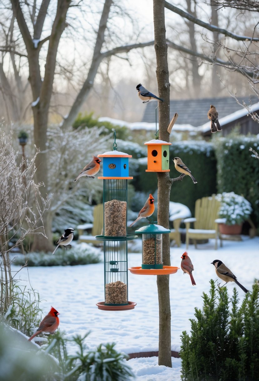 A winter garden with snow-covered ground and trees, several bird feeders attracting colorful birds perched on them and nearby branches.