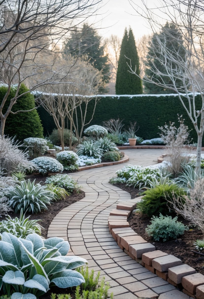 A winter garden with stone and brick pathways winding through frost-covered plants and trees.