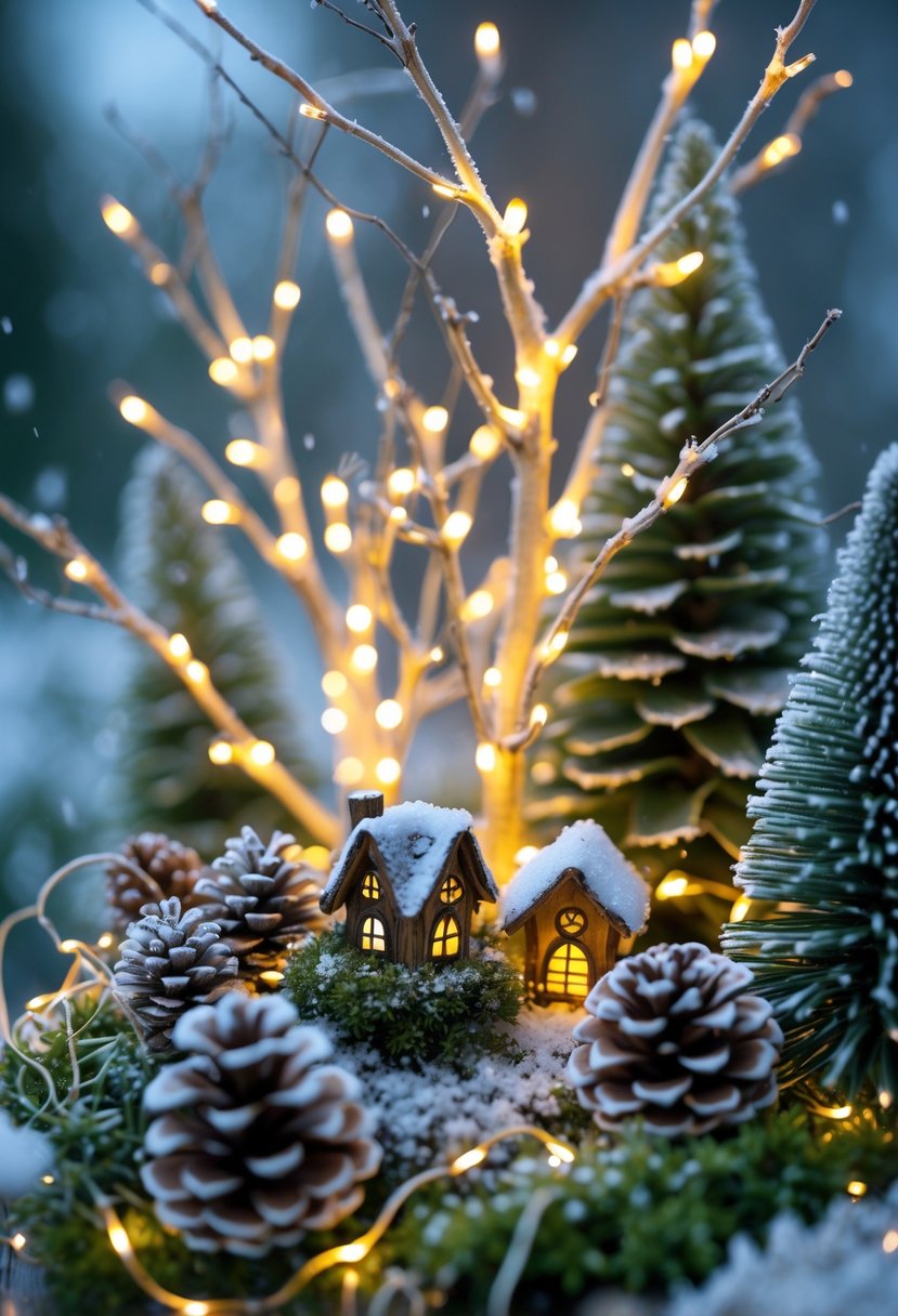 A miniature winter fairy garden with tiny houses, snow-dusted moss, evergreen trees, and glowing lighted branches creating a magical atmosphere.