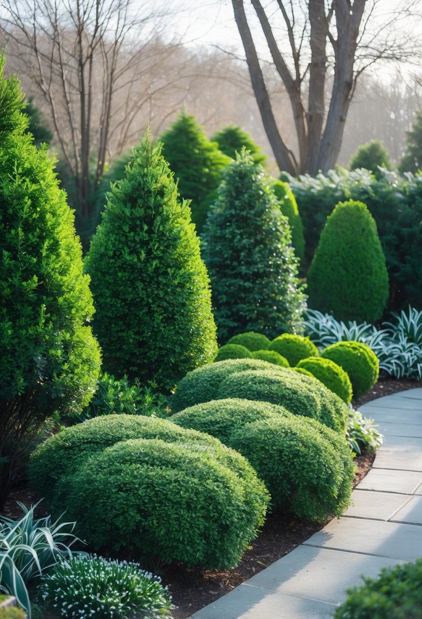A winter garden with green evergreen shrubs like boxwood dusted lightly with snow along a stone pathway.