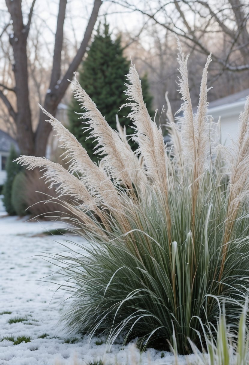 A winter yard with ornamental grasses covered in frost and snow, surrounded by bare trees and a light snow-covered ground.
