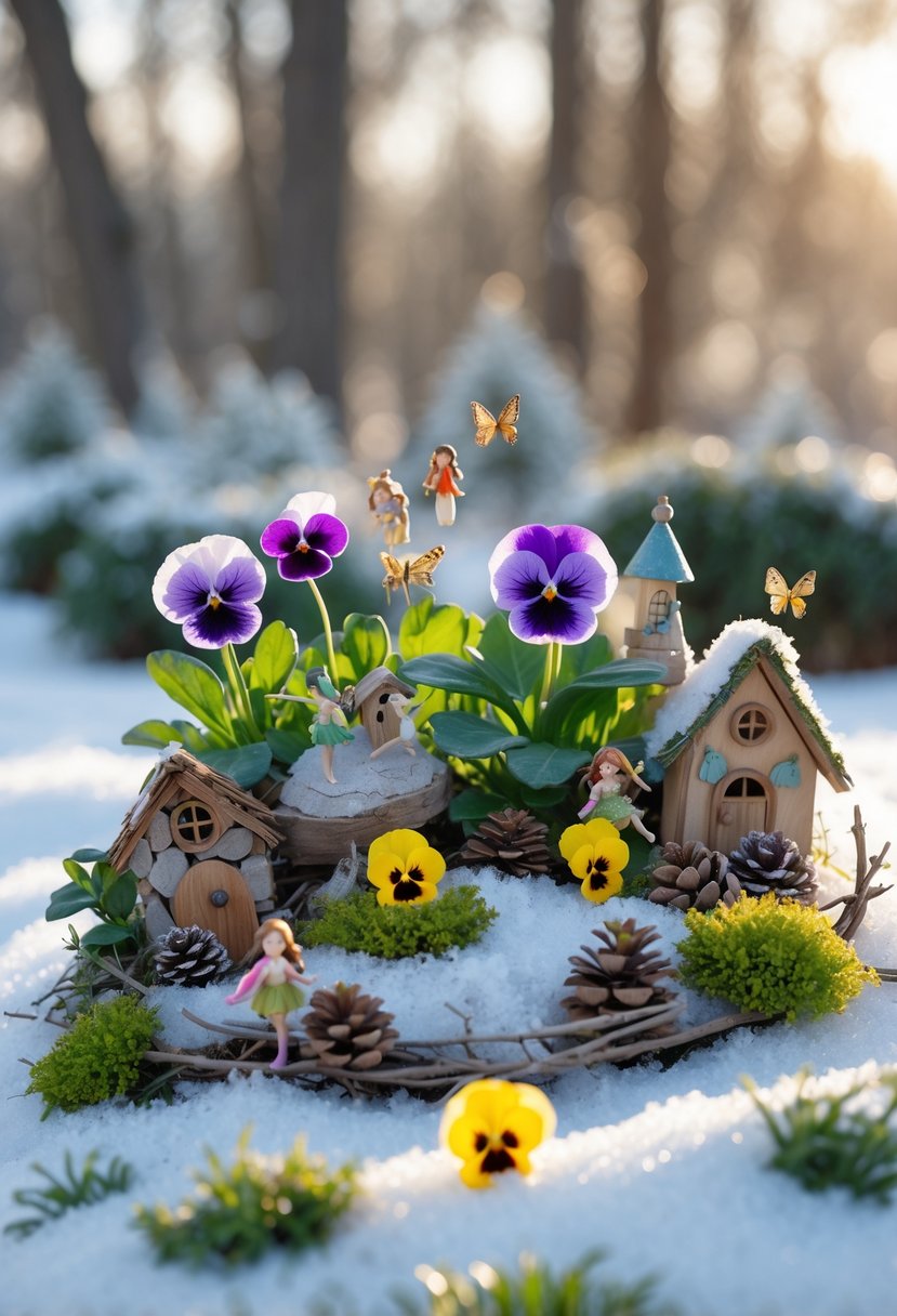 A miniature winter fairy garden with colorful pansies and violas surrounded by tiny houses, fairy figurines, moss, and pinecones on snow-covered ground.