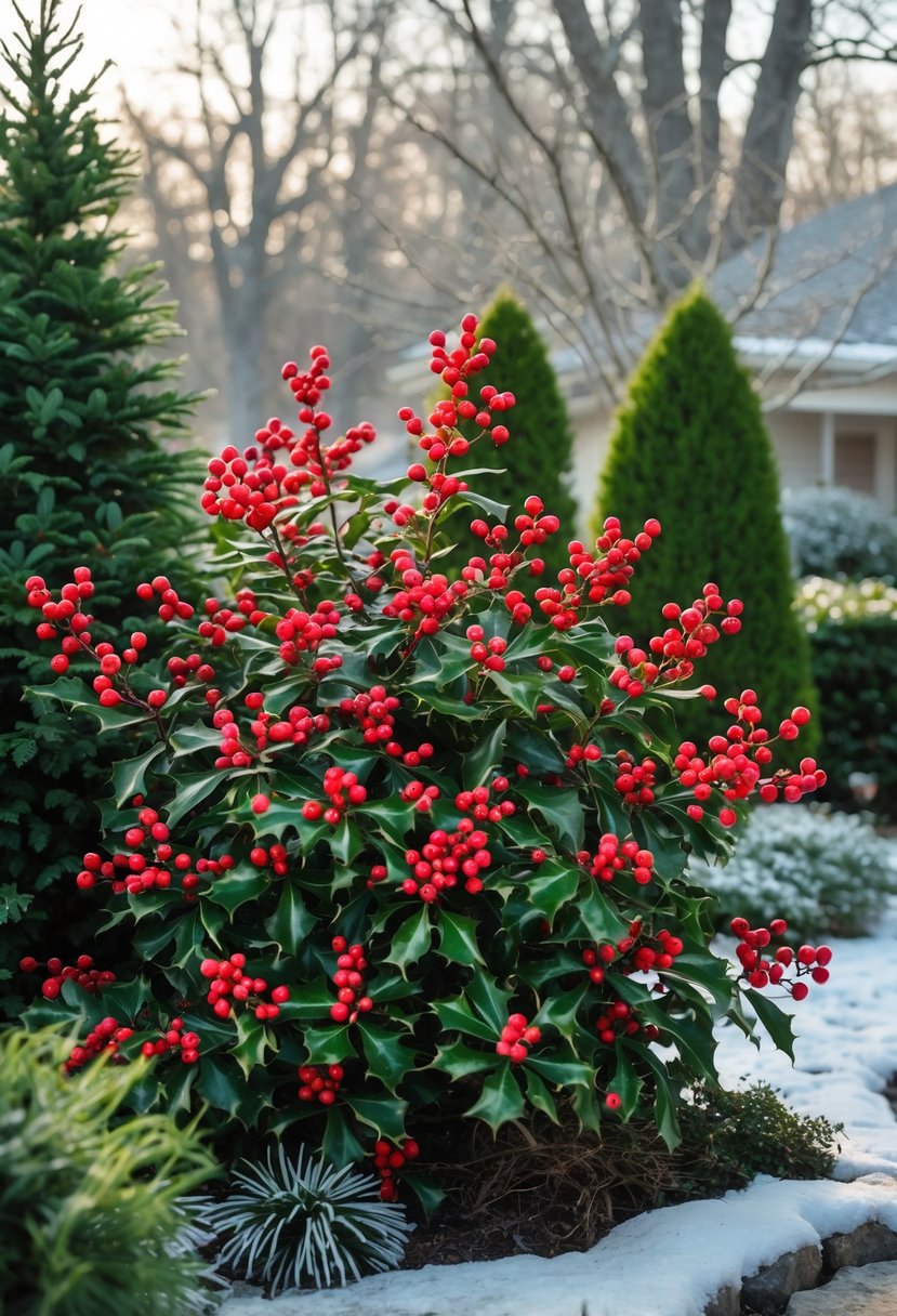A winter garden with bright red winterberry holly bushes surrounded by evergreen shrubs and snow-dusted ground.