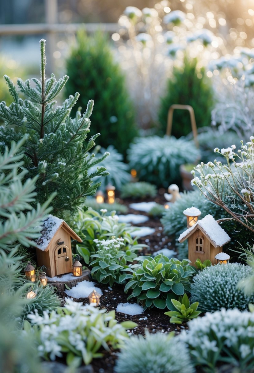 A winter fairy garden with replantable perennial plants, miniature houses, and lanterns surrounded by frosted flowers and evergreen shrubs.