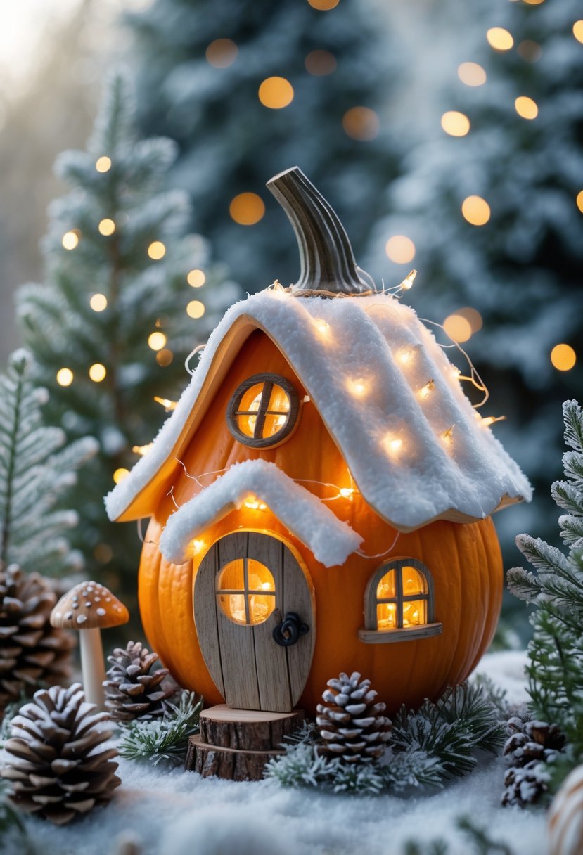 A small fairy house made from a decorated faux pumpkin surrounded by winter garden elements like pinecones, evergreen branches, and tiny mushrooms.