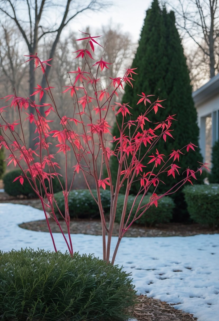 A winter garden with dogwood shrubs showing bright red stems surrounded by other plants and patches of snow.