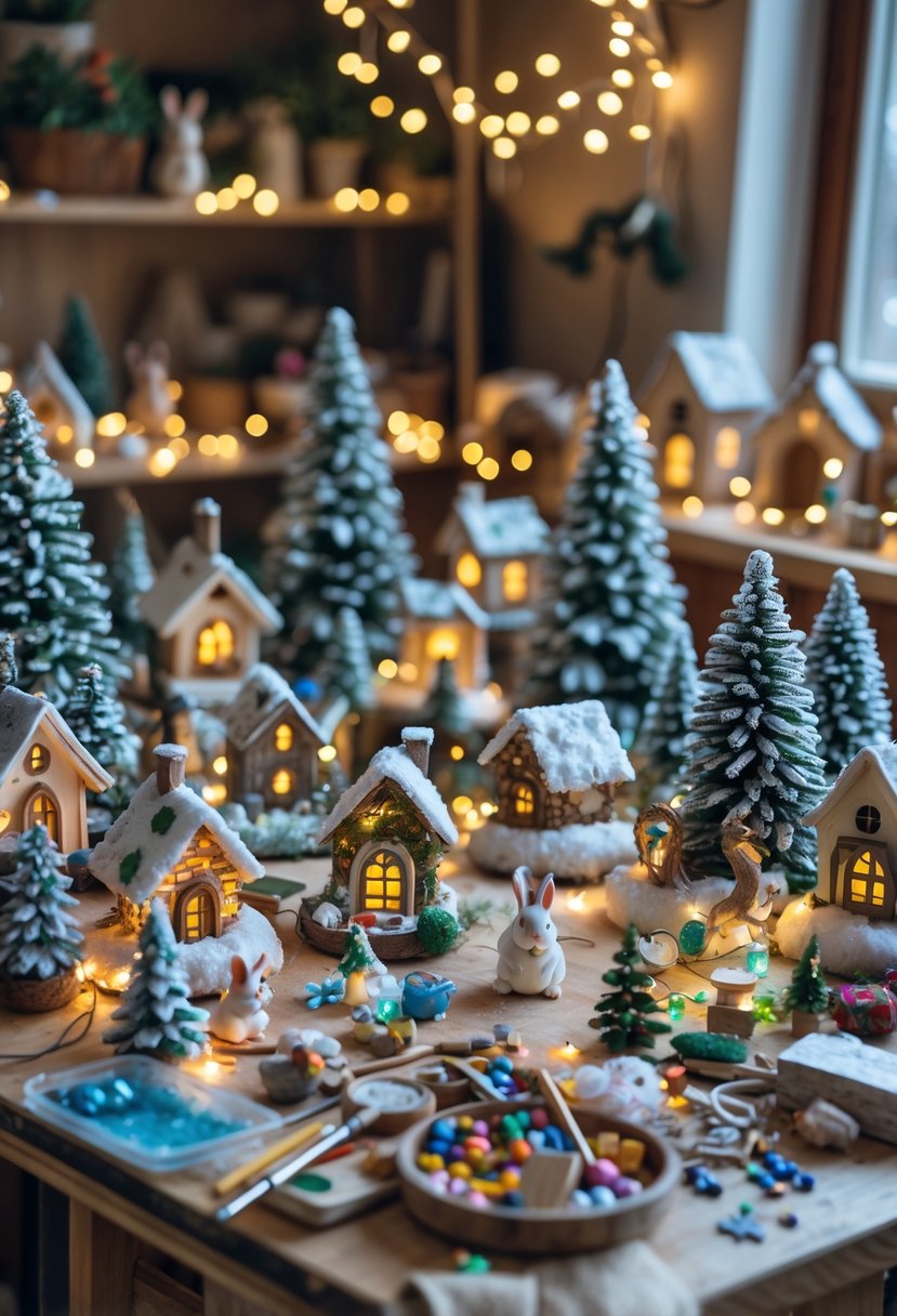 A busy holiday workshop filled with miniature fairy garden figurines, tiny decorated houses, small trees, woodland animals, and crafting supplies arranged on a table.