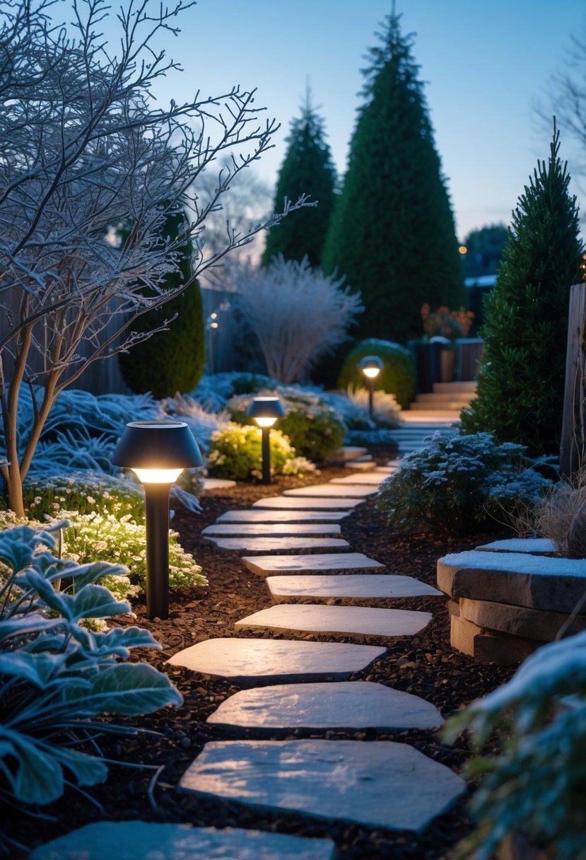 A winter garden pathway lit by solar-powered lights surrounded by snow-covered plants and shrubs at dusk.