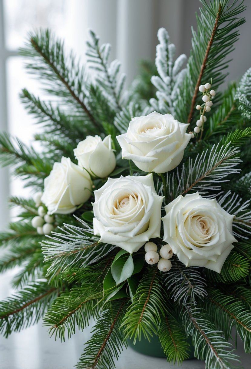 A close-up of a winter flower arrangement with evergreen branches and white roses.