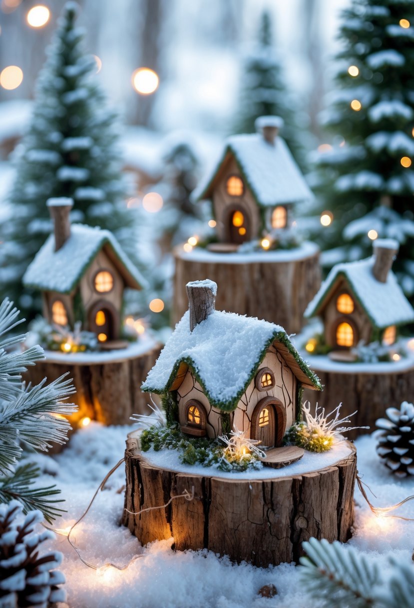 A snowy winter fairy village with small houses built on tree stumps surrounded by frosted branches and miniature pine trees.