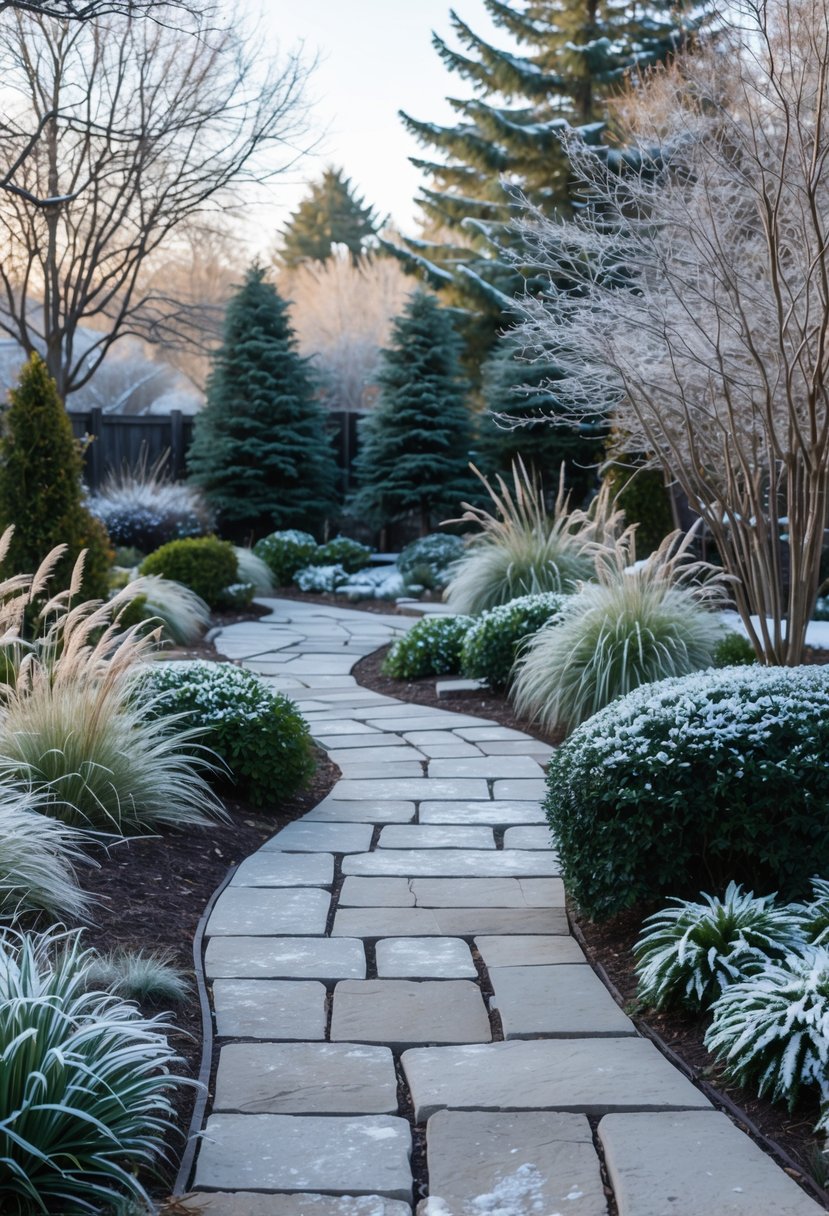A stone paver pathway lightly covered with snow winding through a winter garden with trees and shrubs.
