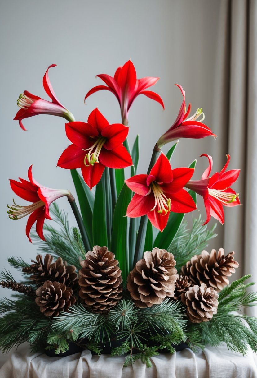 A red amaryllis flower arrangement paired with pinecones and green foliage on a neutral background.