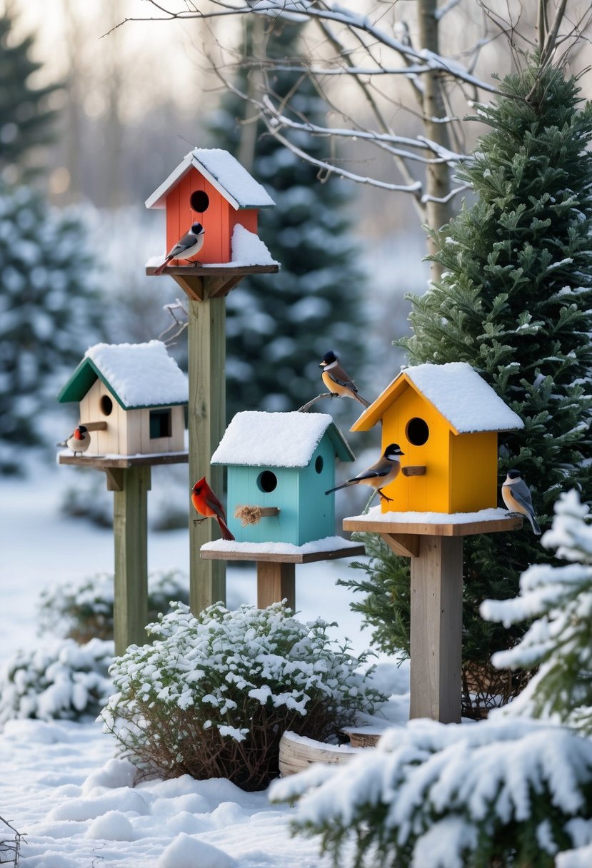Snow-covered garden with decorative birdhouses and small winter birds perched around them.