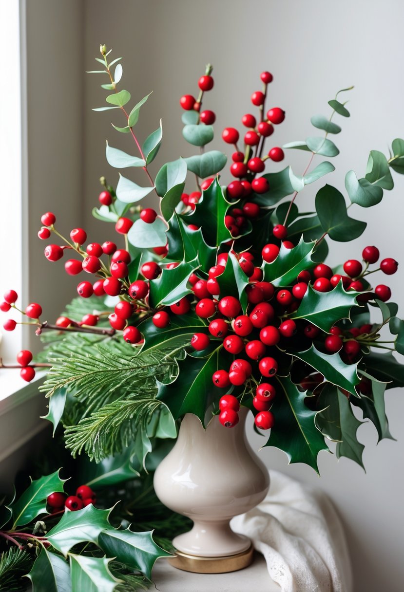 A winter flower arrangement with red holly berries and green eucalyptus leaves in a vase.