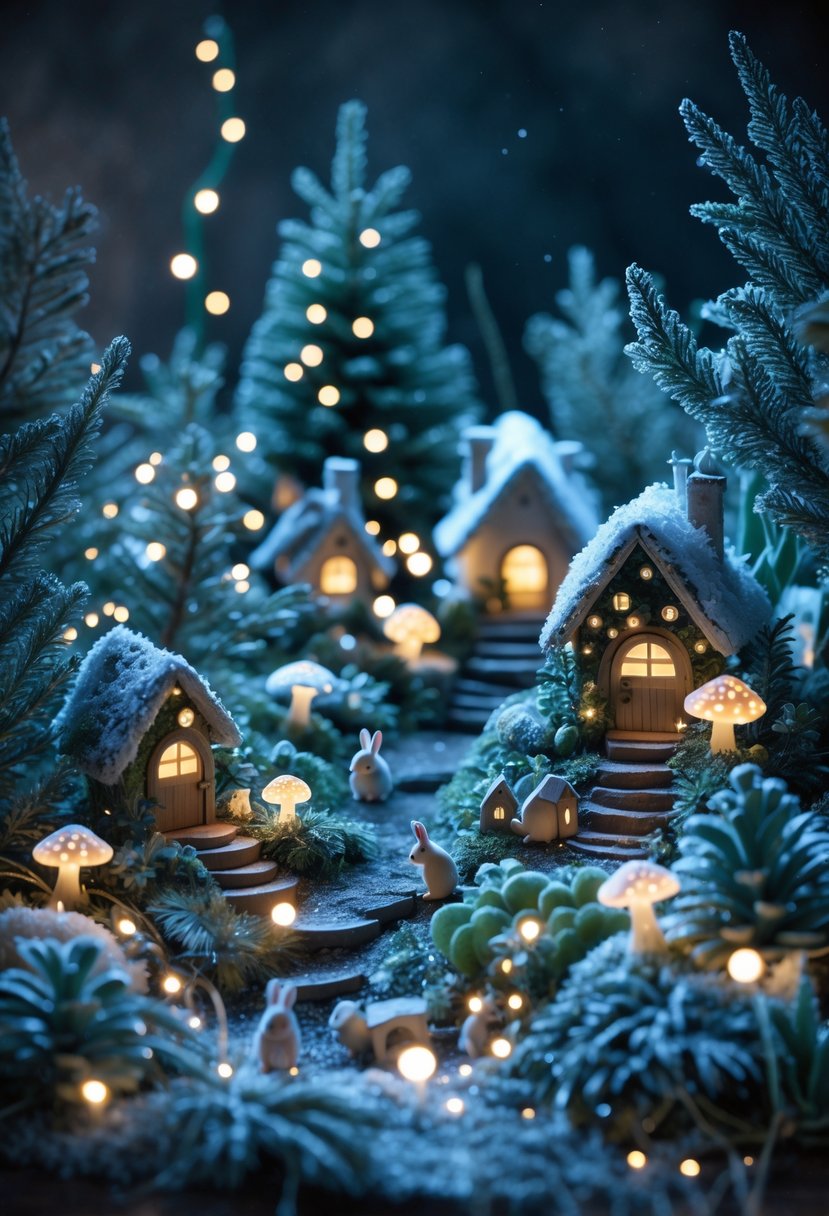 A nighttime winter fairy garden with miniature houses, glowing mushrooms, snow-dusted branches, and small woodland animals.