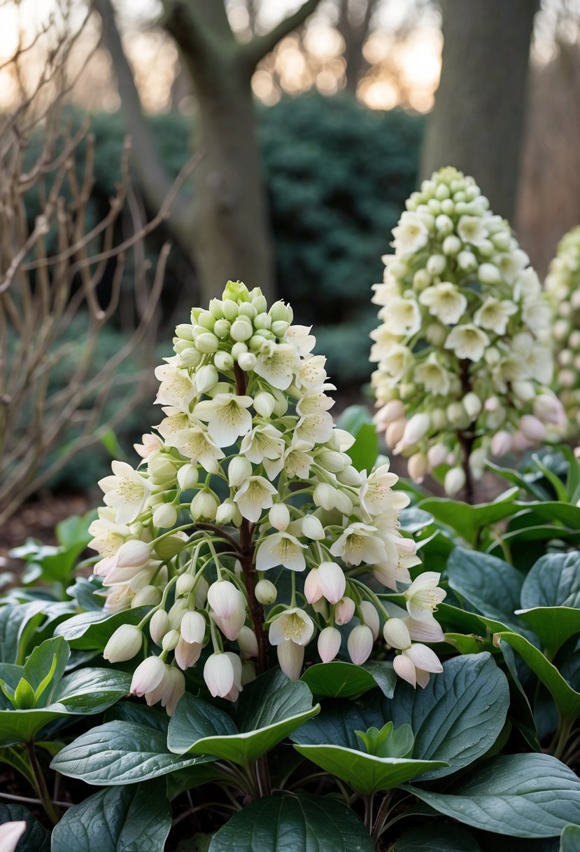 Close-up of blooming hellebore flowers with green leaves in a winter garden setting.